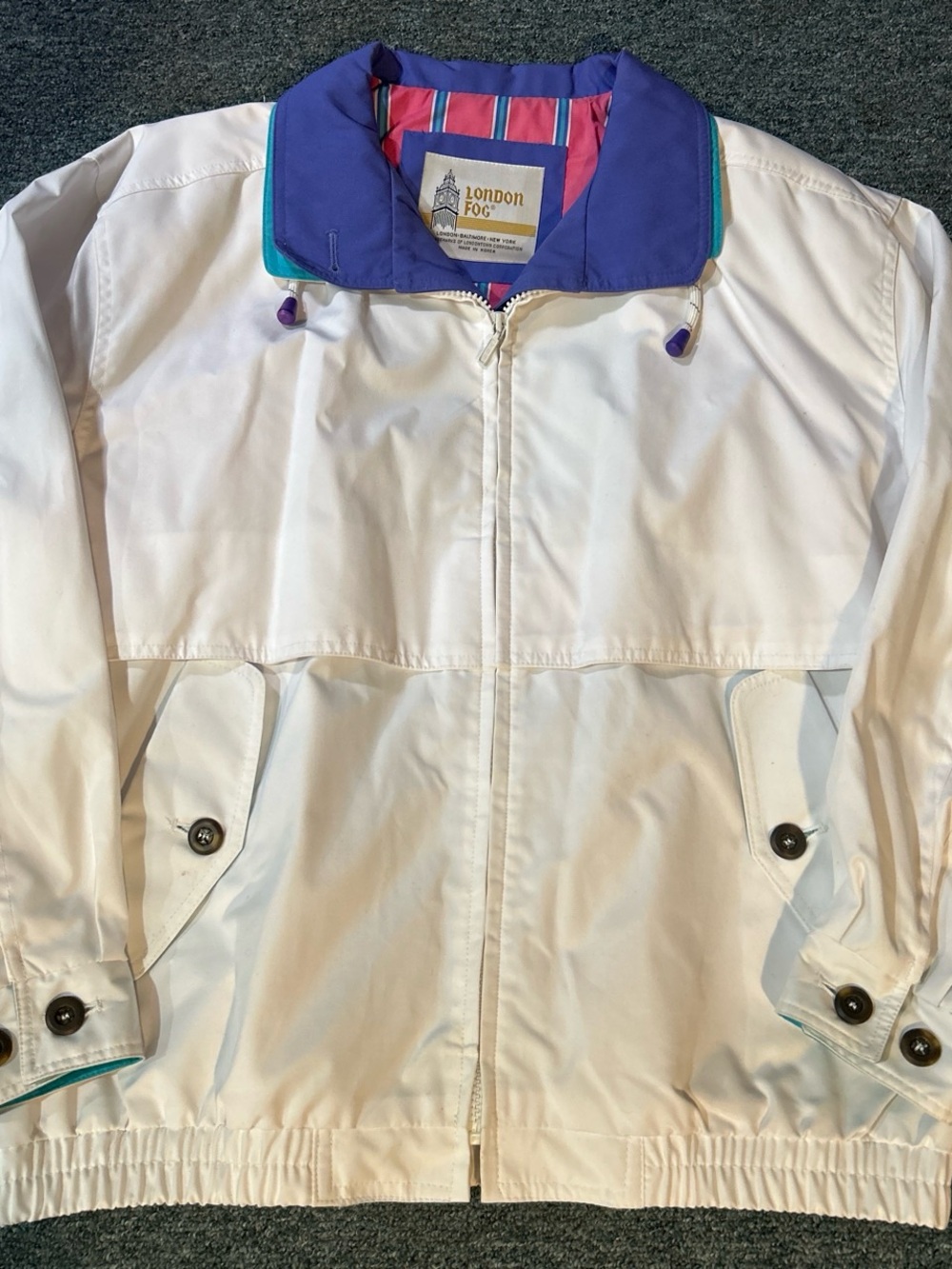 London Fog White Jacket with Purple Collar and Teal Trim